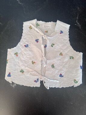 Anthropologie White Cotton Embroidered Tie-Front Vest